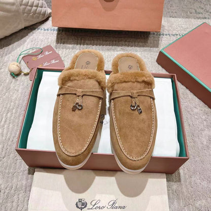 LP Charms Walk Babouche Loafer Marigold Brown Suede With Rabbit Fur Lining 206232