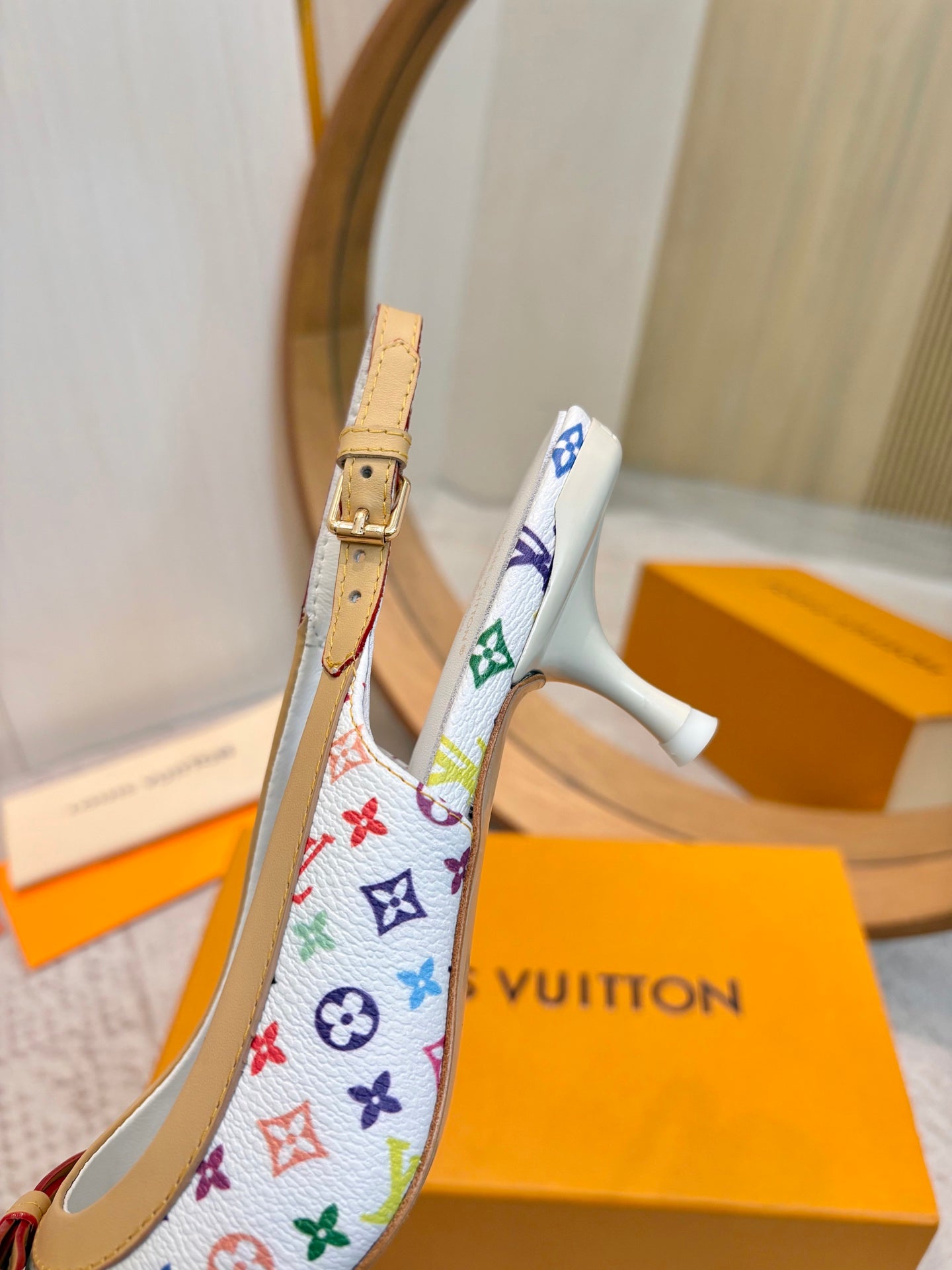 LV 26ss Slingback 65 White Multicolor Monogram Cowhide  671235