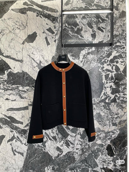Celine 25 Round Neck Arc de Triomphe Jacket Black Brown Cashmere
