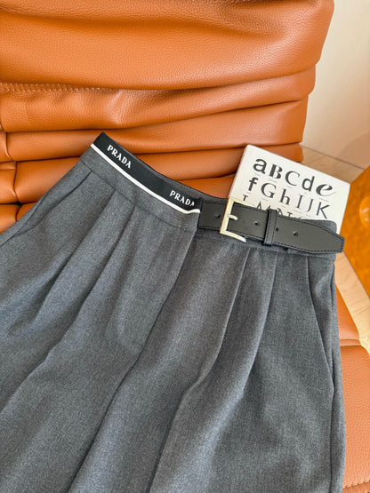 Prada 25 Leather Strap and Webbing Stitching Trousers Wool