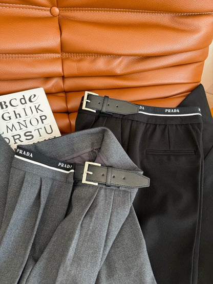 Prada 25 Leather Strap and Webbing Stitching Trousers Wool