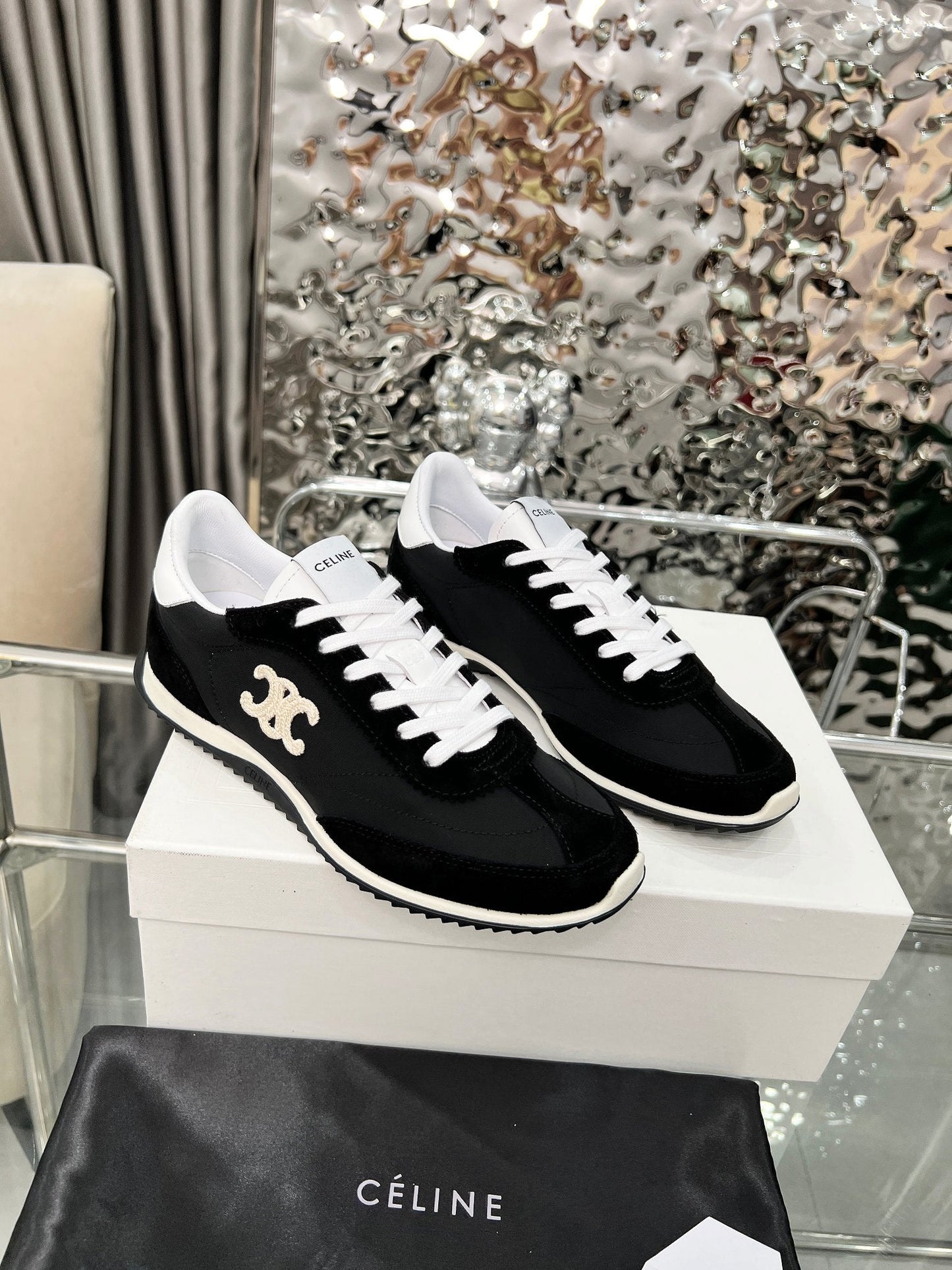 Celine 2026 Racer Sneaker Black White Velvet Fabric