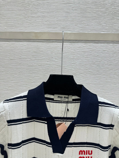Miumiu 2026 Striped Knit Short-sleeved Top With Peter Pan Collar 258872