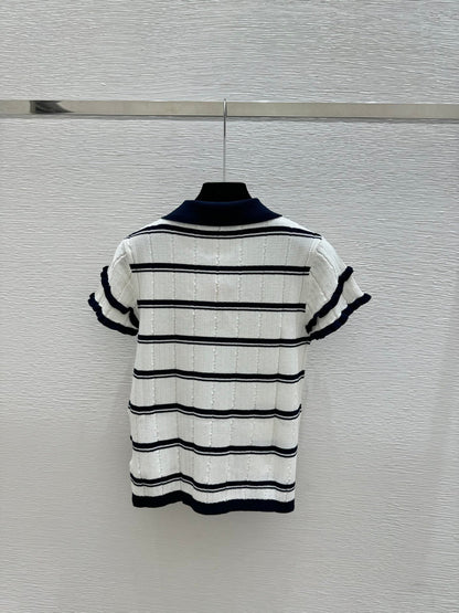 Miumiu 2026 Striped Knit Short-sleeved Top With Peter Pan Collar 258872