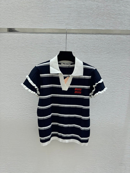 Miumiu 2026 Striped Knit Short-sleeved Top With Peter Pan Collar 258872