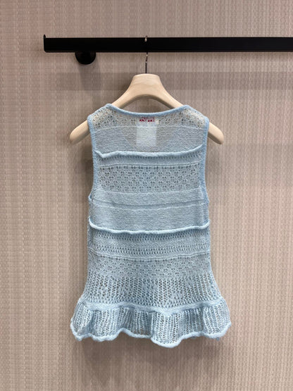 Chanel 2026 Hollow-Out Knit Vest Ice Blue Cashmere