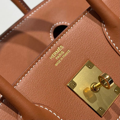 HM Birkin 30cm Gold Swift Leather Brown Canvas Gold Hardware