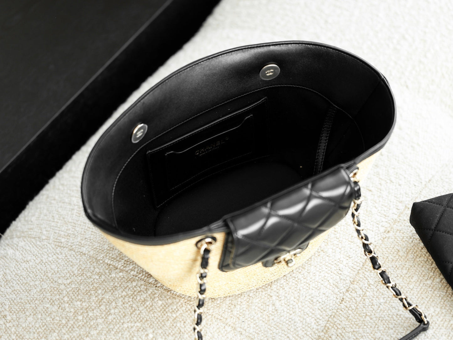 Chanel 2026 Shopping Bag 40cm Beige Black Straw Lambskin 351031