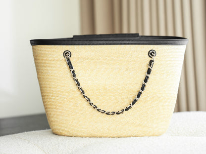 Chanel 2026 Shopping Bag 53cm Beige Black Straw Lambskin 351018
