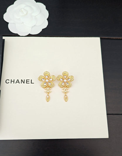 CC Flower Double C Diamond Gold Earrings