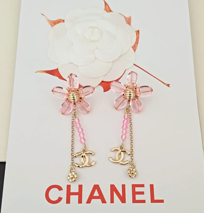 CC Double C Pink Olive Bead Flower Tassel Gold Earrings
