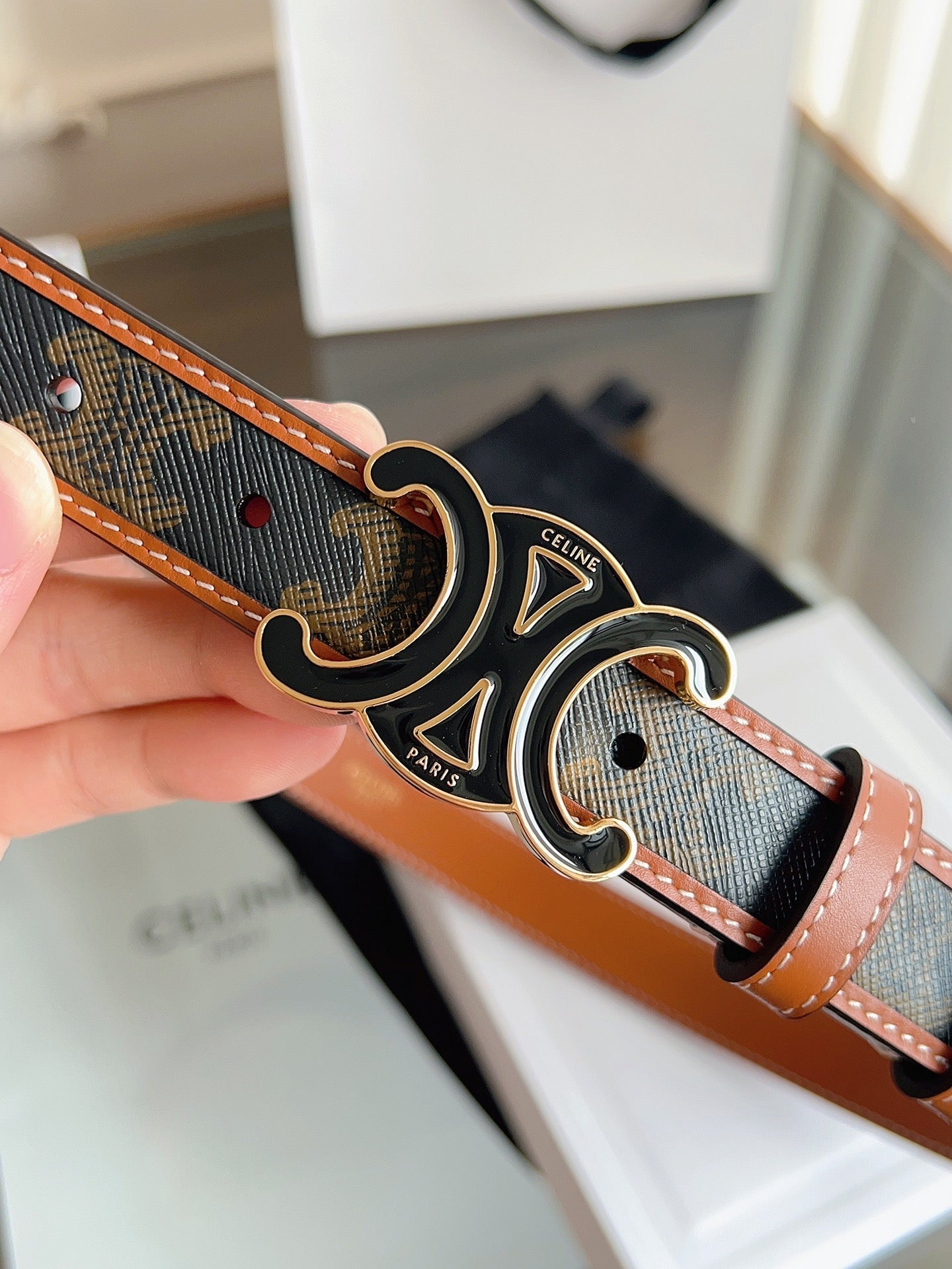 CL Black 25mm Triomphe Enamel Saddle Dark Brown Monogram Cowhide 615273