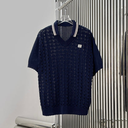 Miumiu 2026 Openwork Knit Crochet Shirt Navy Blue Wool