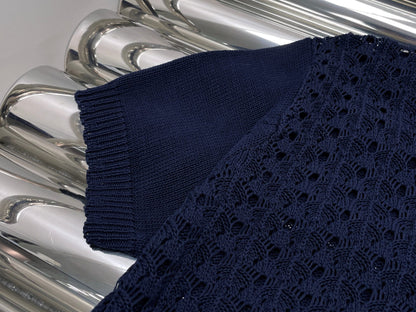 Miumiu 2026 Openwork Knit Crochet Shirt Navy Blue Wool