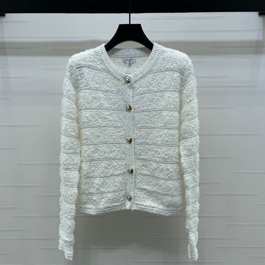 Chanel 2026 Striped Sequined Long-Sleeve Cardigan White Wool