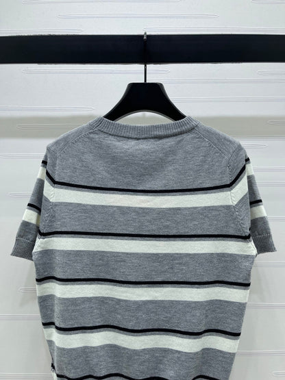 Miumiu 2026 Crew Neck Striped Short-sleeved Knit Top Gray Cotton 352436