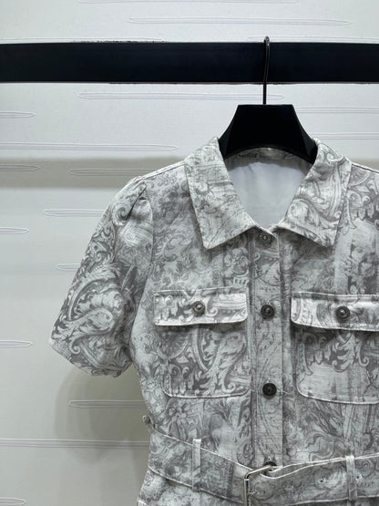 Dior 2026 Collared Print Denim Short-Sleeve Dress White Grey Polyester