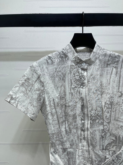Dior 2026 Printed Short-Sleeve Dress White Grey Polyester