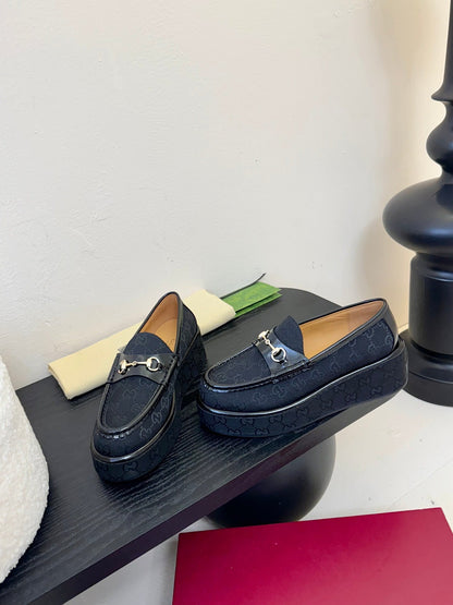 GC 2025 Horsebit Wedge Loafer Navy Blue Canvas Cowhide 296841