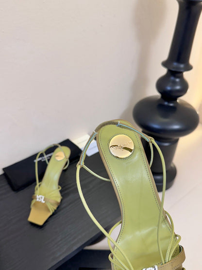 YSL 26ss Square Toe Sandals 70 Light Green Silk Sheepskin 651704