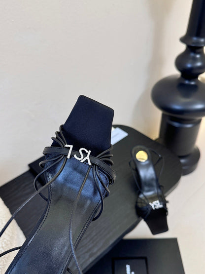 YSL 26ss Square Toe Sandals 70 Black Silk Sheepskin 651706