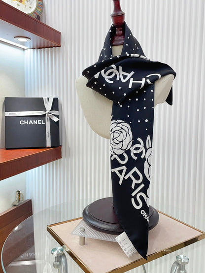 CC Square Scarf 90 CM In Black Polka Dot White Camellia Silk Twill 288723