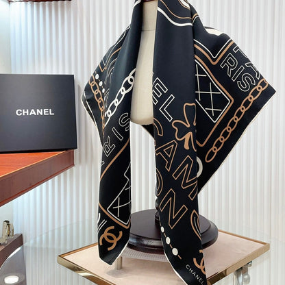 CC Square Scarf 90 CM In Black Mix Beige White Silk Twill 165002