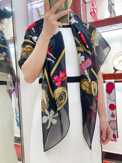 Scarf 110 CM In Black Colorful Voile Silk 193826