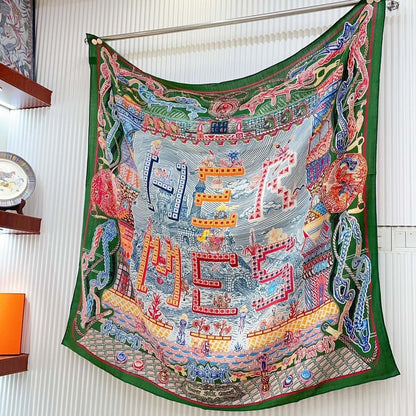 Gavroche Super Silk Quest Détail Scarf 140 CM In Green Colorful Cashmere And Silk 236108