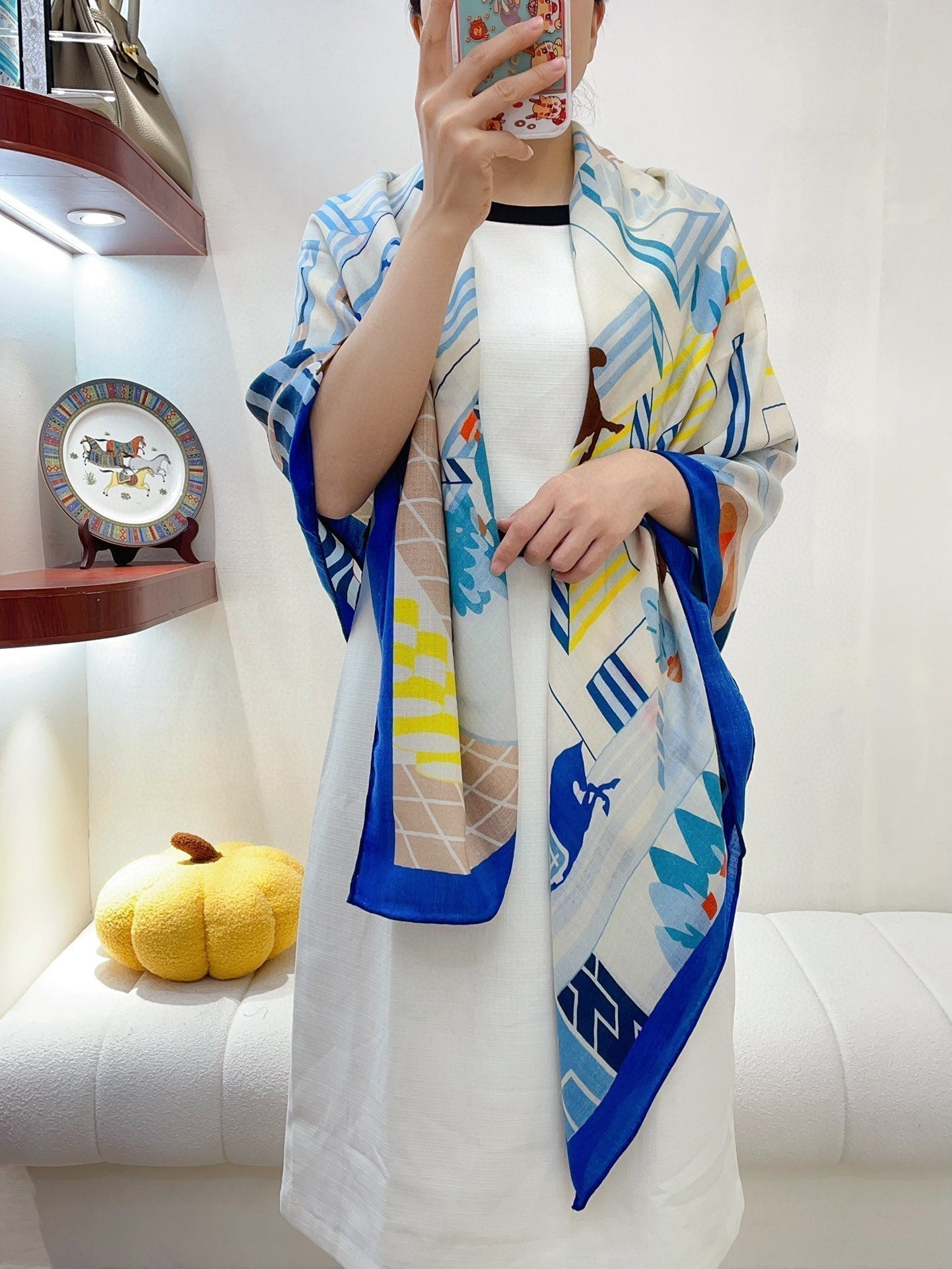 Horse Club Detail Scarf 140 CM In Colorful Cashmere And Silk 217219