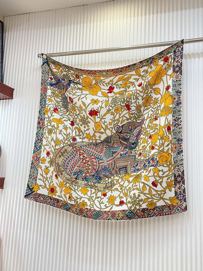 Le Jaguar Et Le Colibri Shawl 90 CM In Yellow Colorful Silk Twill 274206