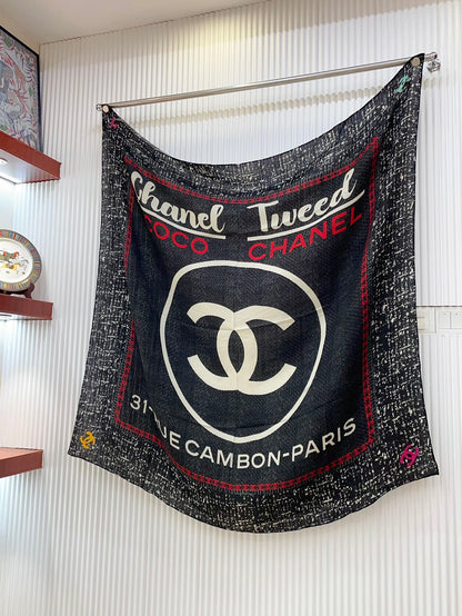 CC Square Scarf 140 CM In Black Mix White Red Cashmere Silk 252308