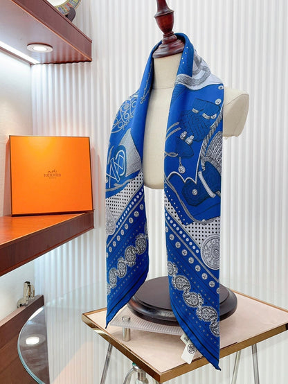 Zouaves Et Dragons Bandana Shawl 90 CM In Blue Colorful Silk Twill 262789