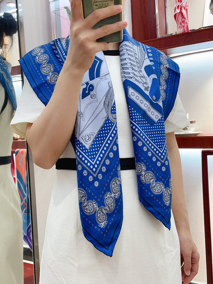 Zouaves Et Dragons Bandana Shawl 90 CM In Blue Colorful Silk Twill 262789