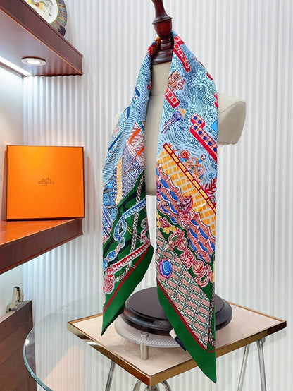 Gavroche Super Silk Quest Détail Scarf 90 CM In Green Colorful Silk Twill 274213