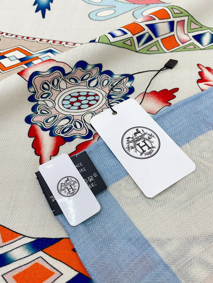 En Attendant Ulysse Shawl 140 CM In Light Blue Colorful Cashmere And Silk 294497