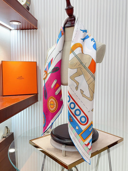Tea For Two Scarf 90 CM In White Colorful Silk Twill  296691