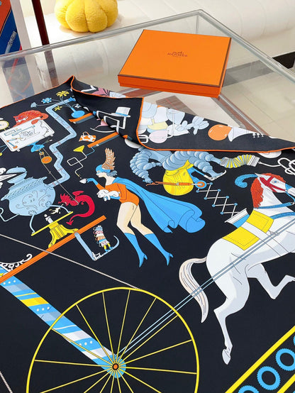 Tea For Two Scarf 90 CM In Black Colorful Silk Twill  296692