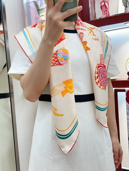 Funny Ice Cream Scarf 90 CM In White Colorful Silk Twill 300438