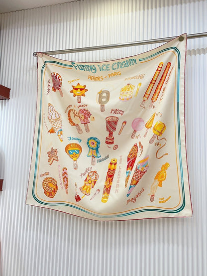 Funny Ice Cream Scarf 90 CM In White Colorful Silk Twill 300438