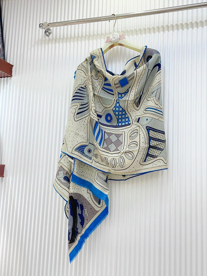 Cosmic Horse Set rectangle Scarf 180 CM In Blue Colorful Cashmere And Silk 308063