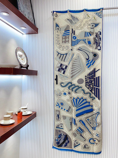 Cosmic Horse Set rectangle Scarf 180 CM In Blue Colorful Cashmere And Silk 308063