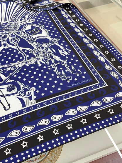 Cheval Punk Bandana Scarf 90 CM In Dark Blue Mix White Black Silk Twill 309213