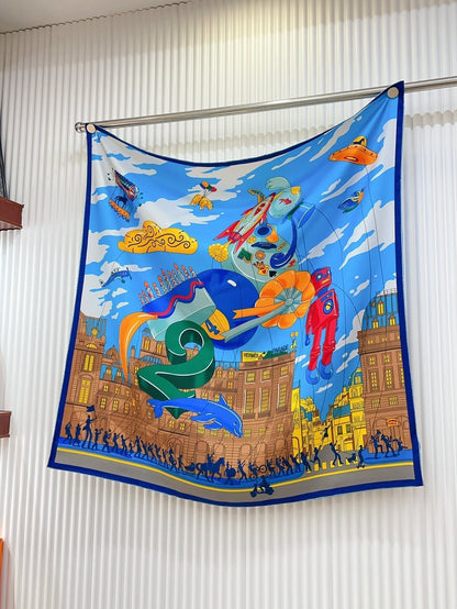 Parade Scarf 90 CM In Blue Colorful Silk Twill 310307