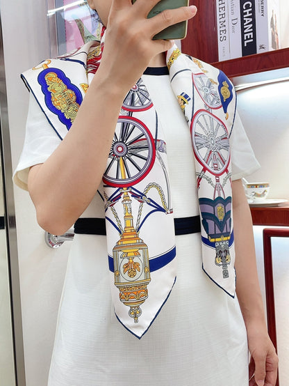 Stately Wheels Scarf 90 CM White Colorful Silk Twill 312874