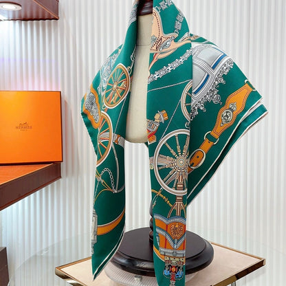 Stately Wheels Scarf 90 CM Dark Green Colorful Silk Twill 312875
