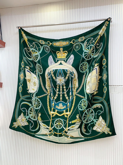 Stately Wheels Scarf 135 CM In Dark Green Colorful Cashmere And Silk 327470