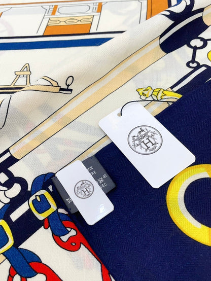 Palonniers Scarf 135 CM In Navy Blue Colorful Cashmere And Silk 327473