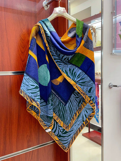 Cavalier en Formes shawl 140 CM In Dark Blue Colorful Cashmere And Silk 331715