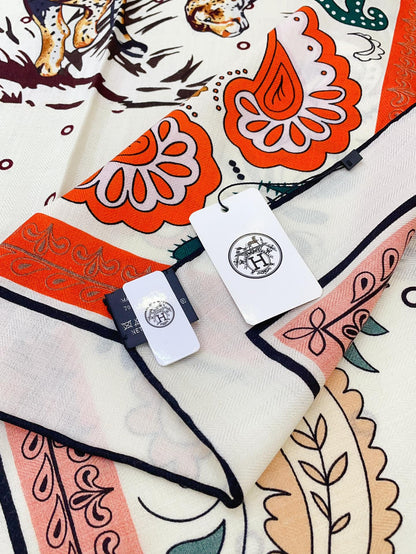 Guepards Bandana Double Face Scarf 140 CM In White Mix Red Colorful Cashmere And Silk 334190